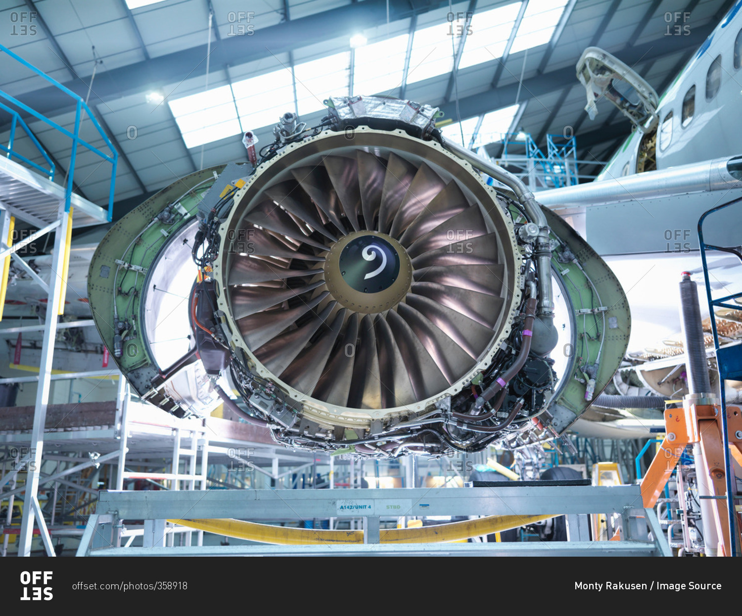 Aircraft jet engine in aircraft maintenance factory