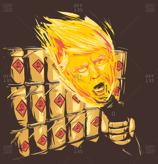 Donald Trump's face in a flame near flammable containers