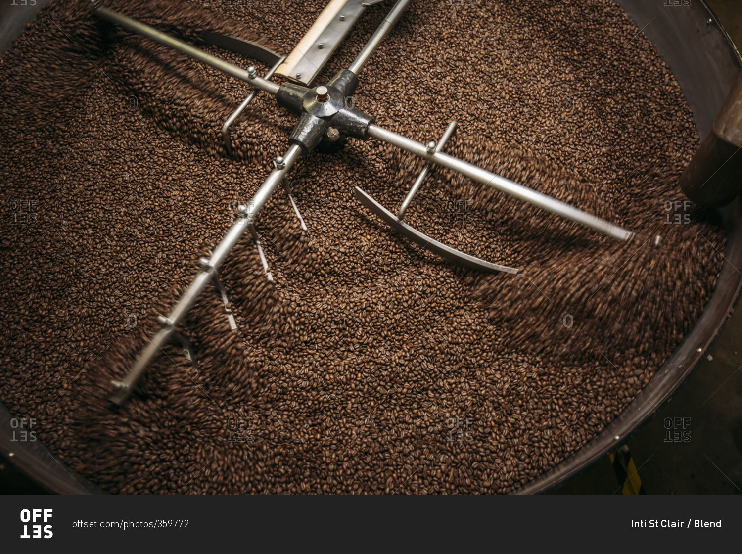 High angle view of equipment and beans in coffee roaster