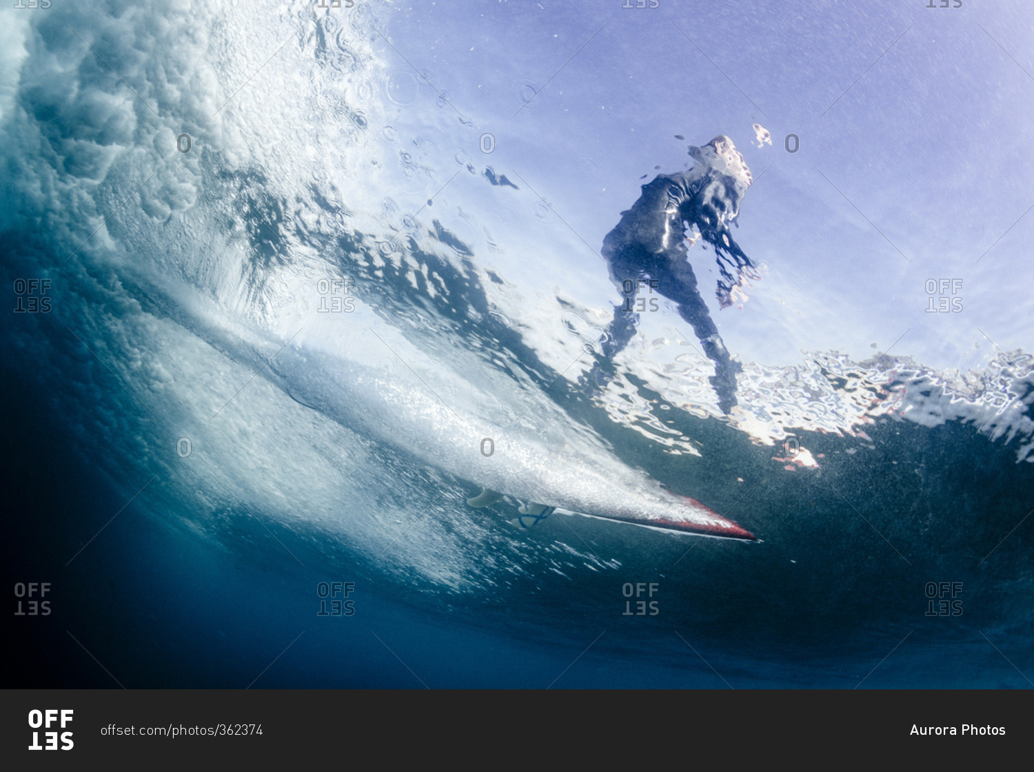 Underwater point of view of a man surfing on a surfboard