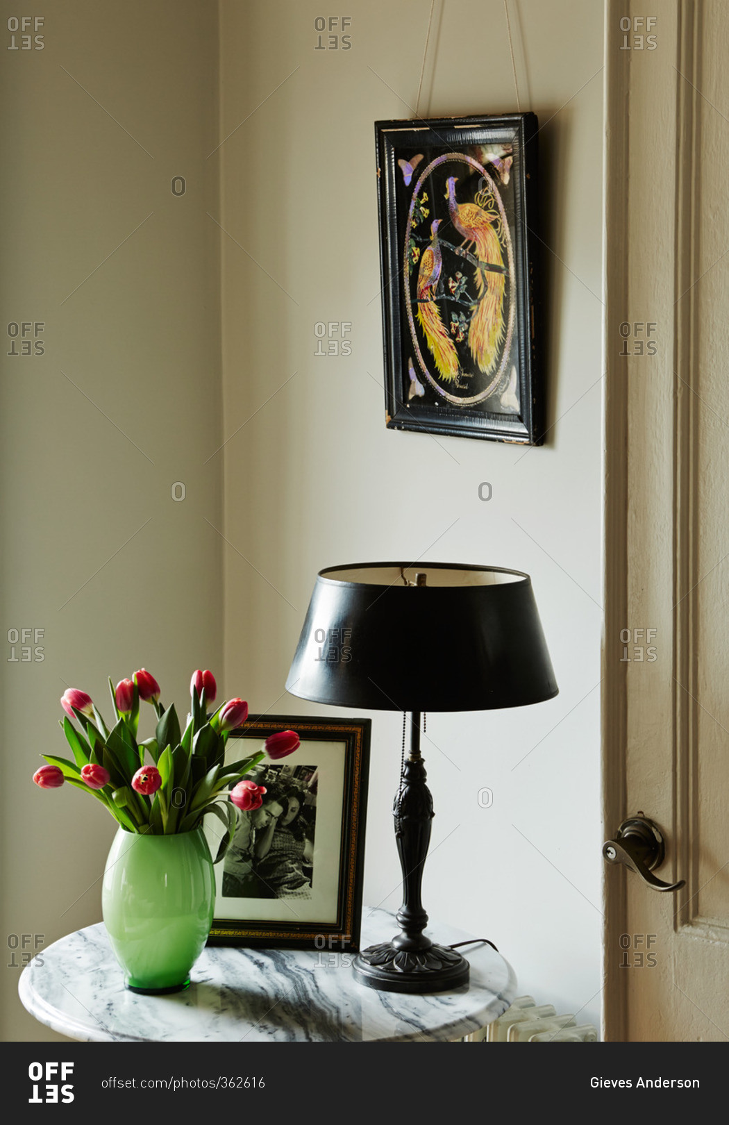 Vignette in living room with fresh tulips