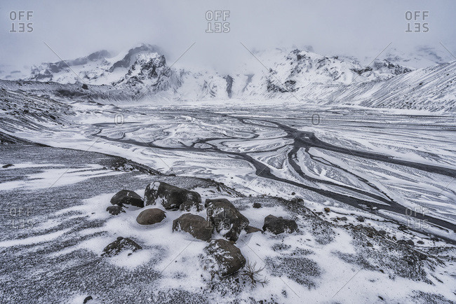 Remains of the glacial lake and the mountain that used to be at the base of the volcano Eyjafjallajokull which eruoted in 2010; Thorsmork, Iceland