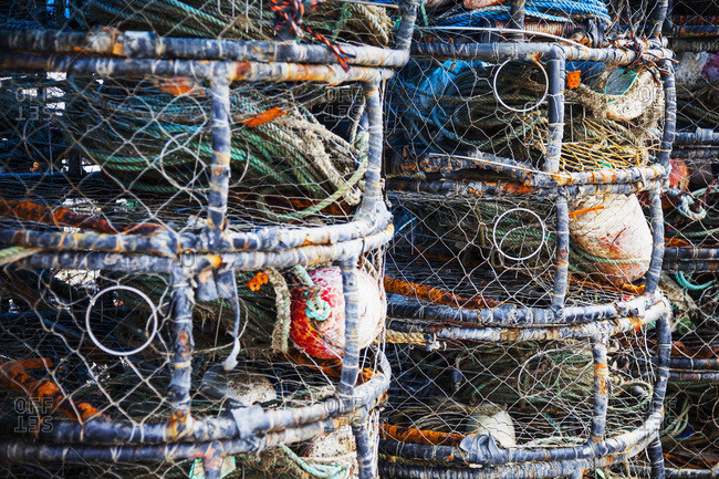 Stacked fishing gear in Bodega Bay; California, United States of America