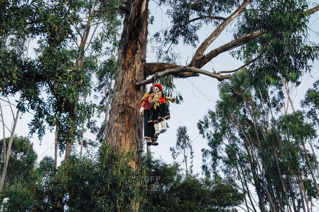 Peru, Cusco, dolls hanging from a high tree