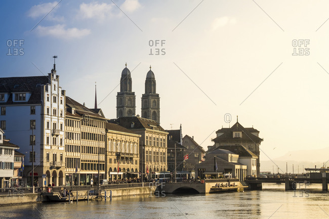 Switzerland, Zurich, View to Great Minster, Limmat river