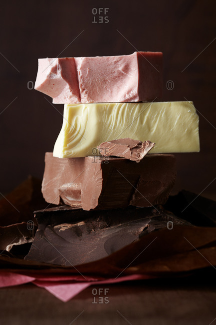 Chunks of chocolate stacked