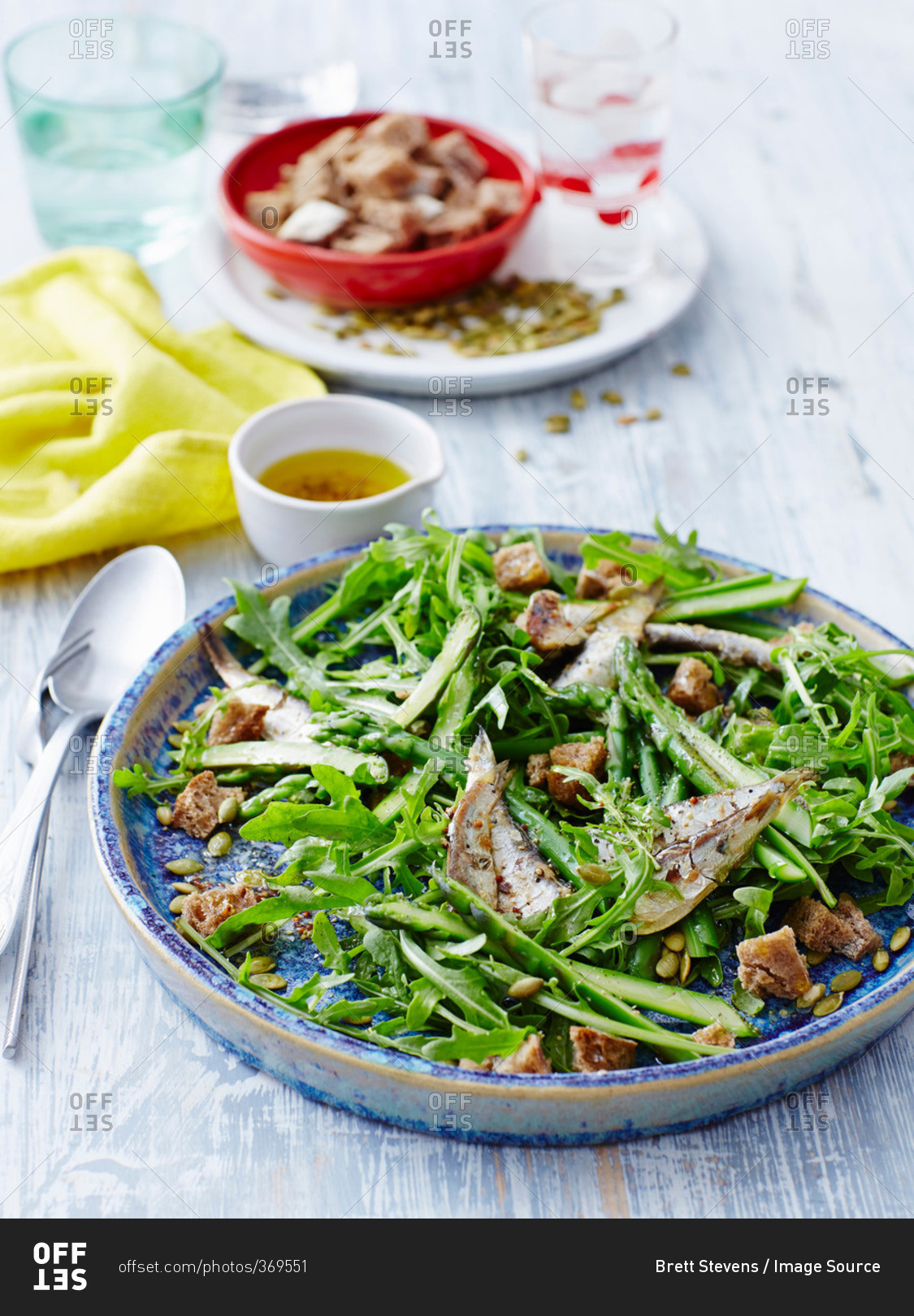 Sardine, asparagus and crouton salad Stock Image Everypixel