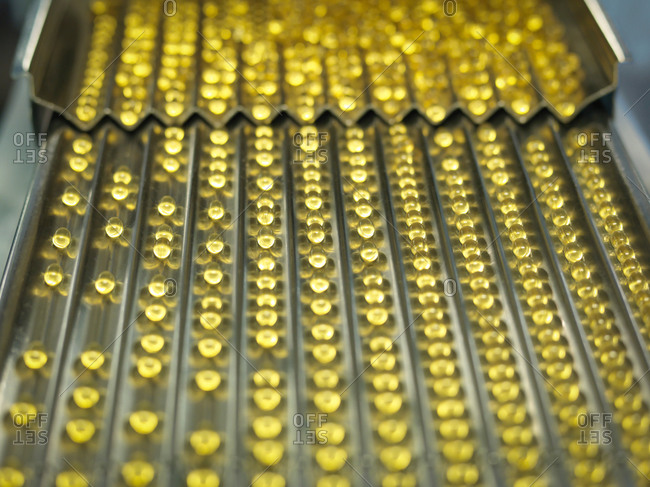 Rows of vitamin capsules in pharmaceutical factory
