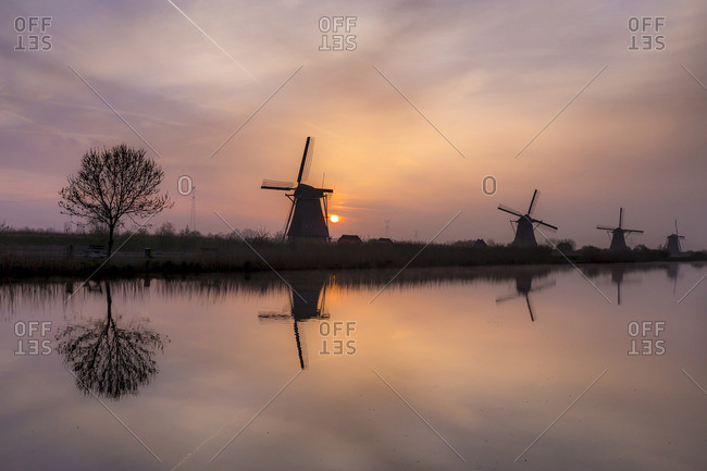 Windmills in Kinderdijk in the morning