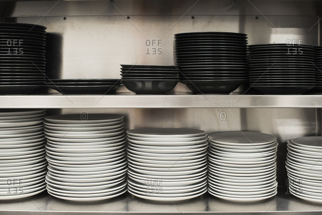 Stacks of plates in a restaurant