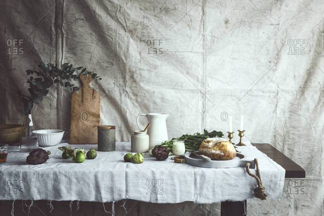Bread and various items on table