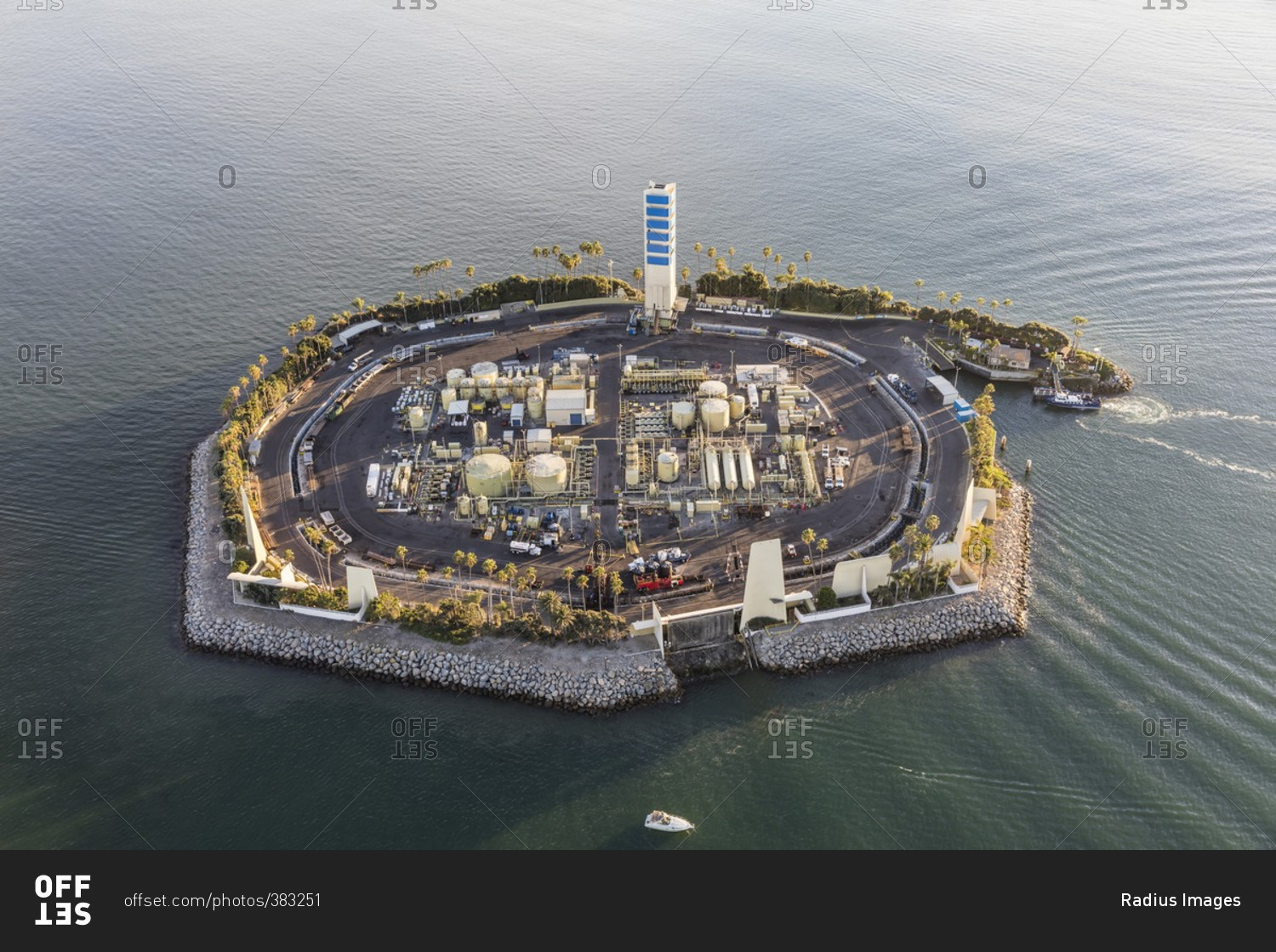 Aerial View of White Island, one of four THUMS Oil Drilling Islands off