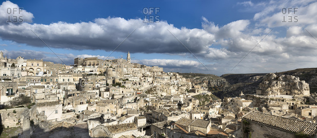 Panoramic view of ancient, Sassi di Matera, one of the three oldest cities in the world, Matera, Basilicata, Italy