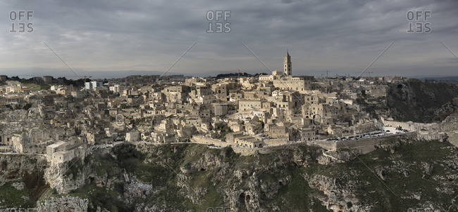 Panoramic view of ancient, Sassi di Matera, one of the three oldest cities in the world, Matera, Basilicata, Italy