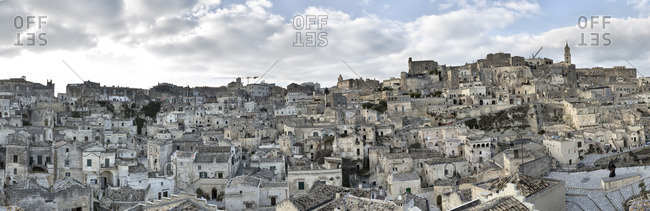 Panoramic view of ancient, Sassi di Matera, one of the three oldest cities in the world, Matera, Basilicata, Italy