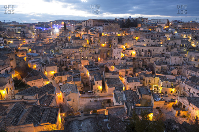 Overview of Sassi di Matera at dusk, one of the three oldest cities in the world, Matera, Basilicata, Italy