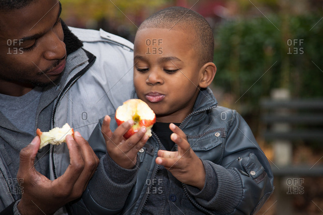 Male toddler and father eating apples in park