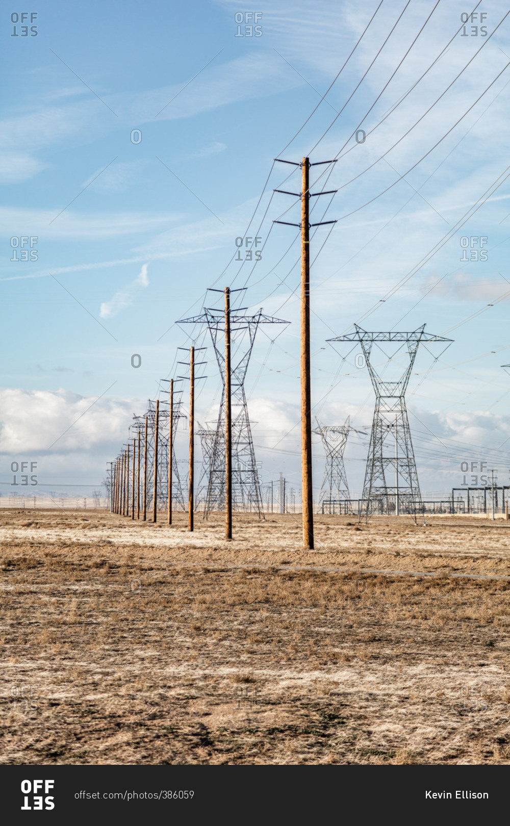 Power lines spread out over the Mojave Desert near Lancaster, California