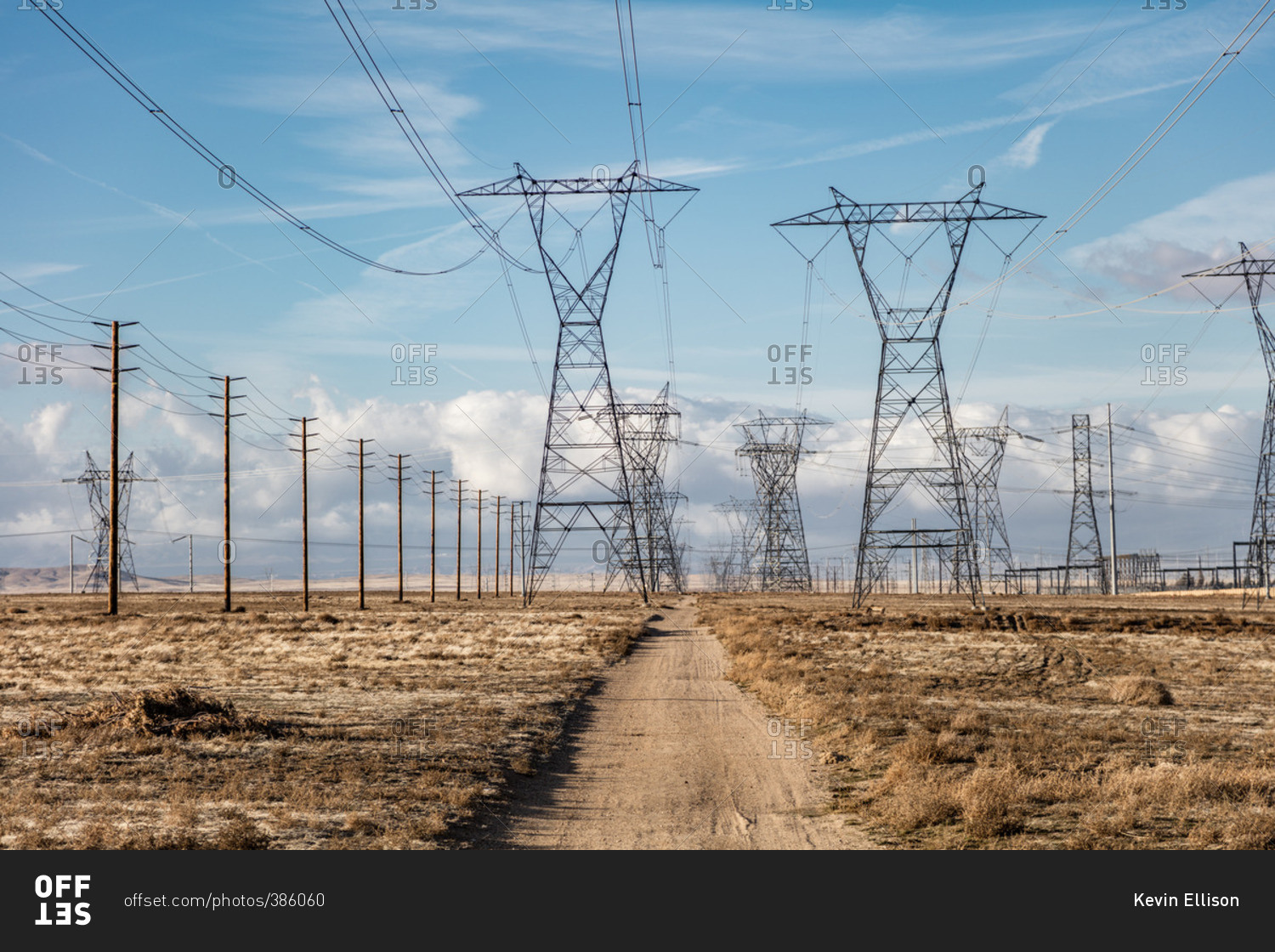 Power lines around a dirt road in the Mojave Desert outside Lancaster ...