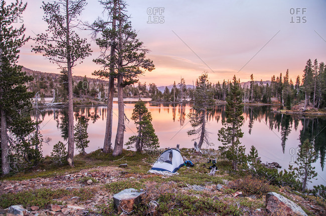 A campsite by a lake in Desolation Wilderness at sunset near Tahoe, California