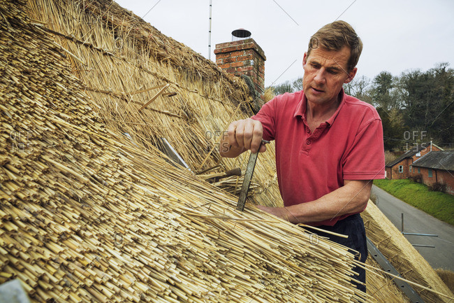 Man thatching a roof, inserting a metal peg into the straw