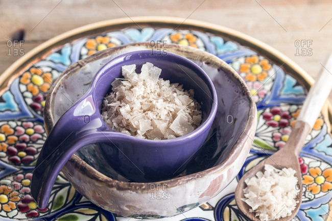 Coarse salt in ceramic bowl