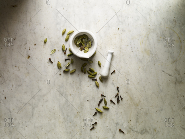 Cardamom and cloves in a mortar and pestle