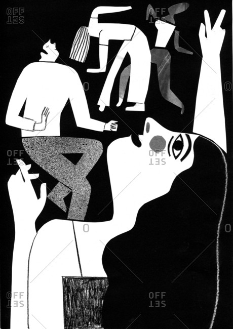Black and white illustration of people dancing