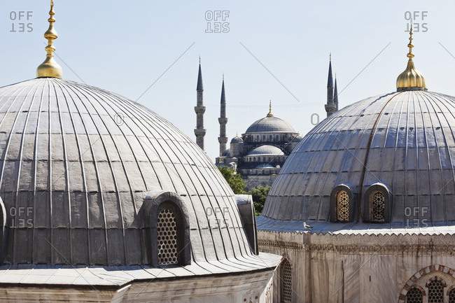 View of Blue Mosque from Aya Sofia window in Sultanahmet, old city of Istanbul