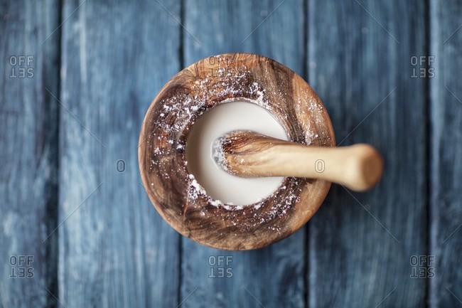 Almond milk in a mortar