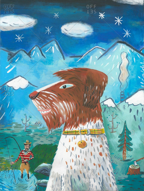 Bearded terrier dog with fisherman in mountains