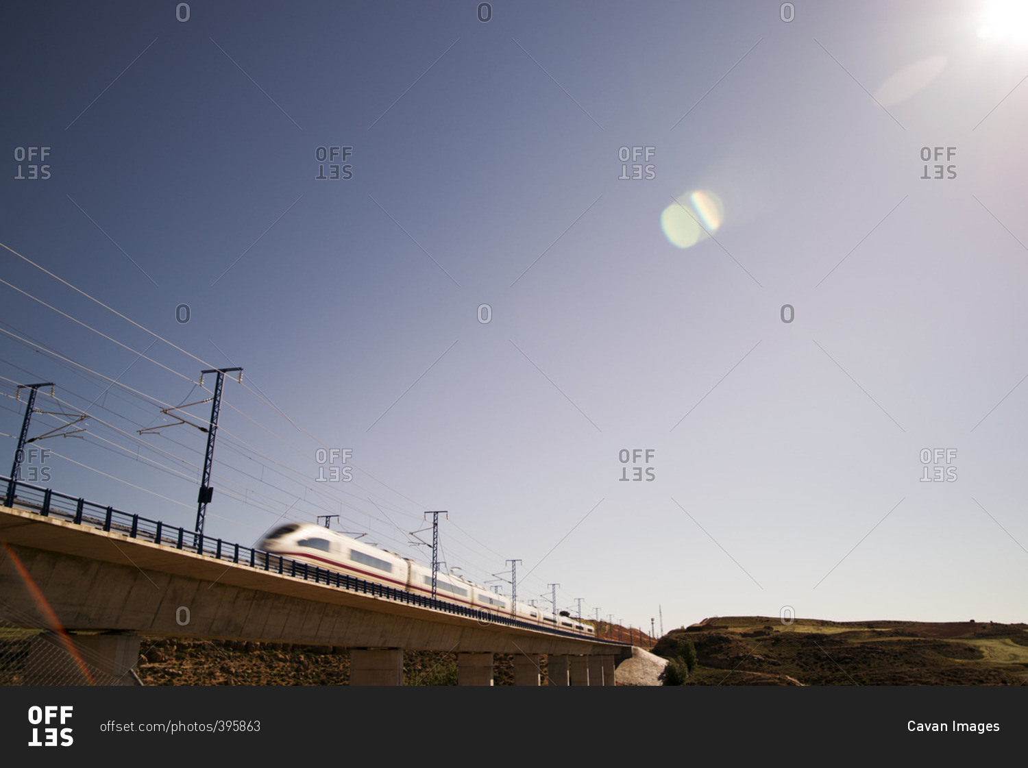High speed train on railway bridge against clear sky
