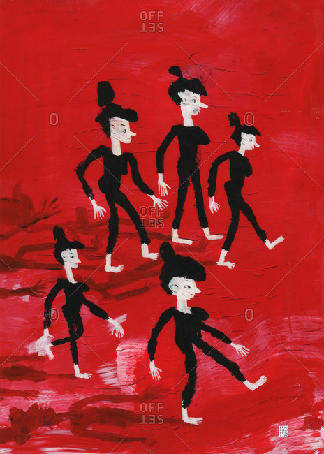 Illustration of five women in black clothes walking