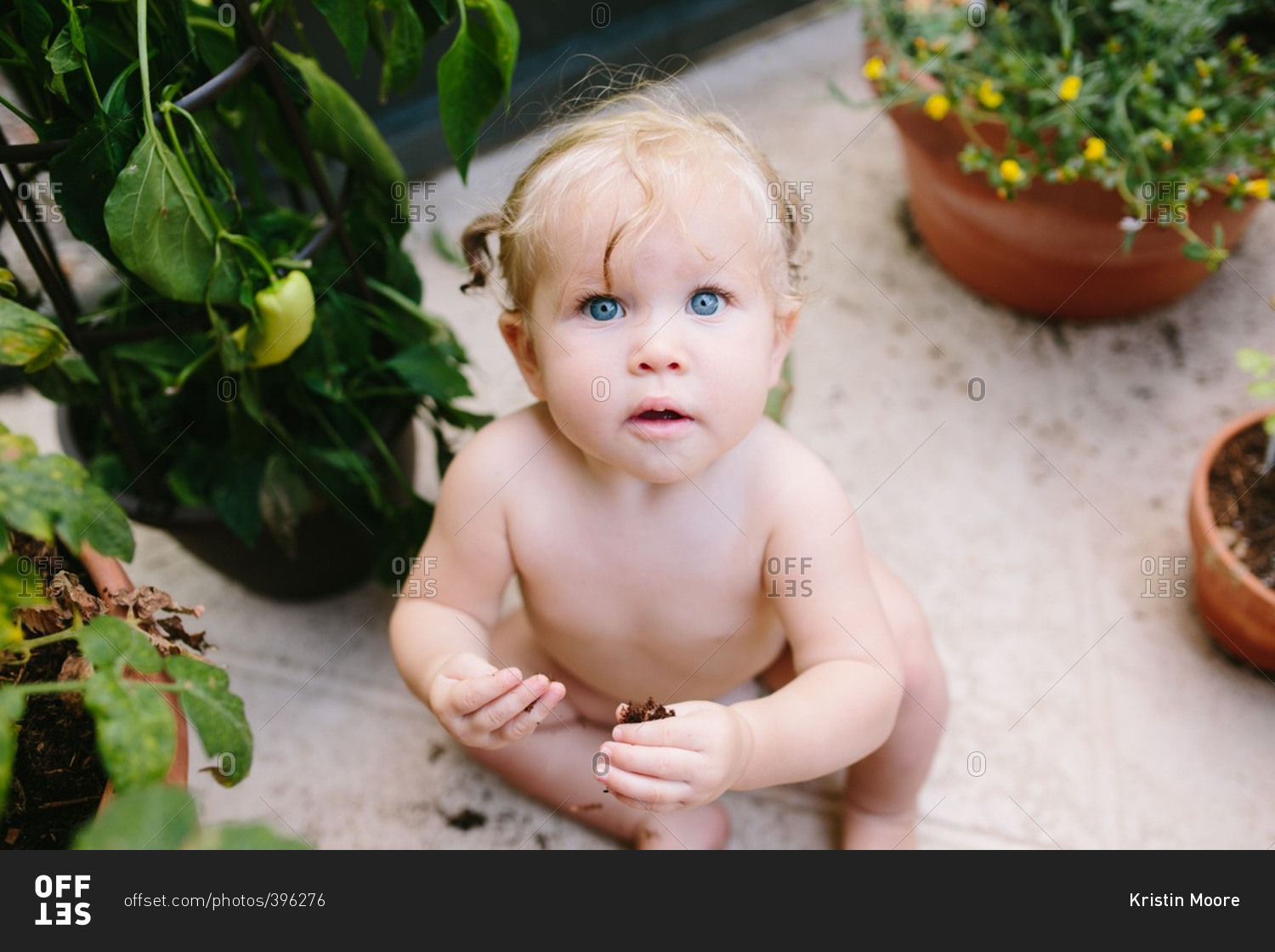 Elevated view of a toddler girl playing in dirt stock photo - OFFSET
