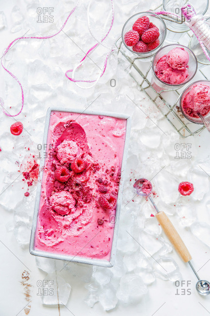 Raspberry sorbet served on ice