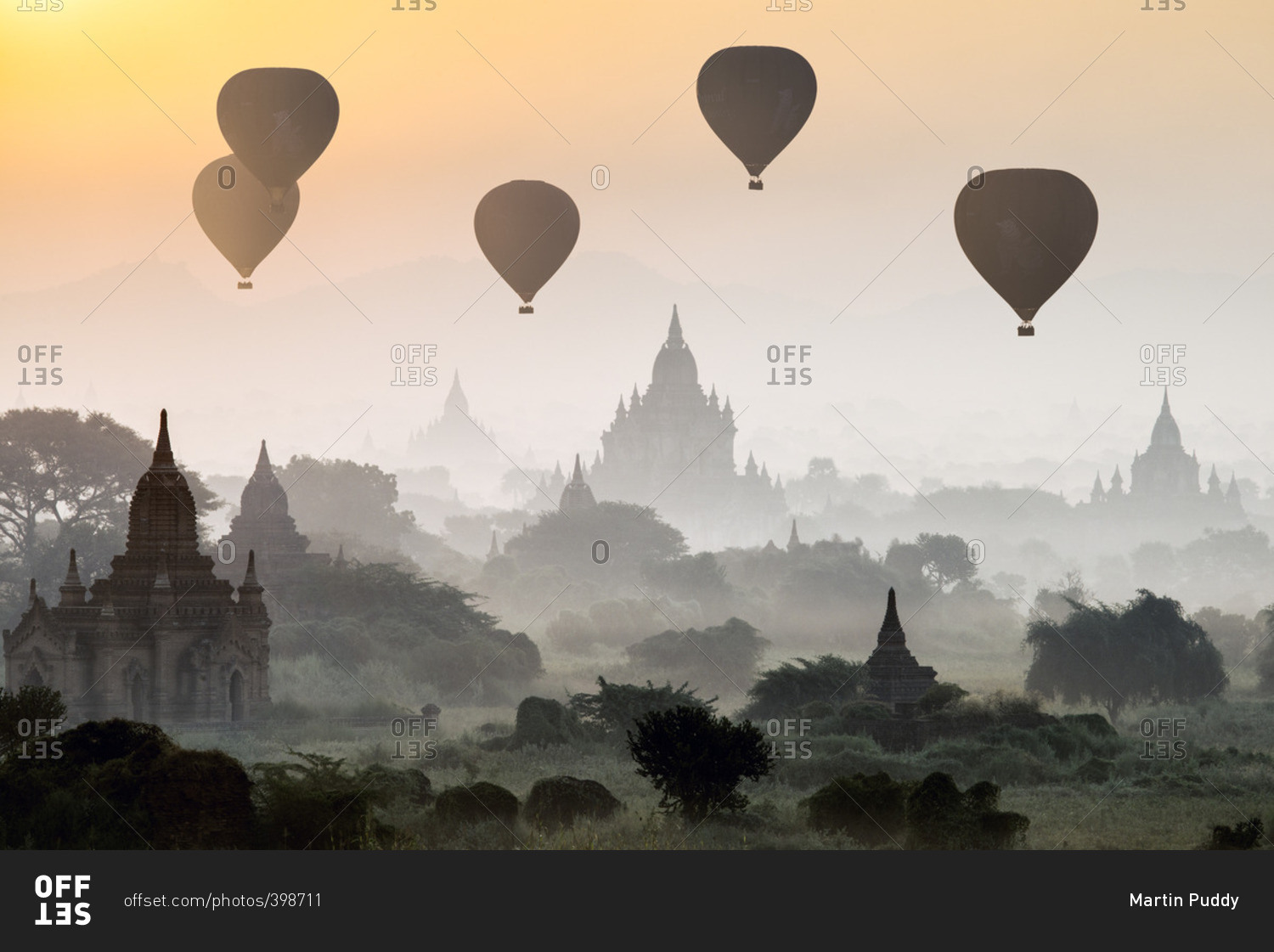 Hot air balloons flying over the ancient temples of Bagan, Myanmar