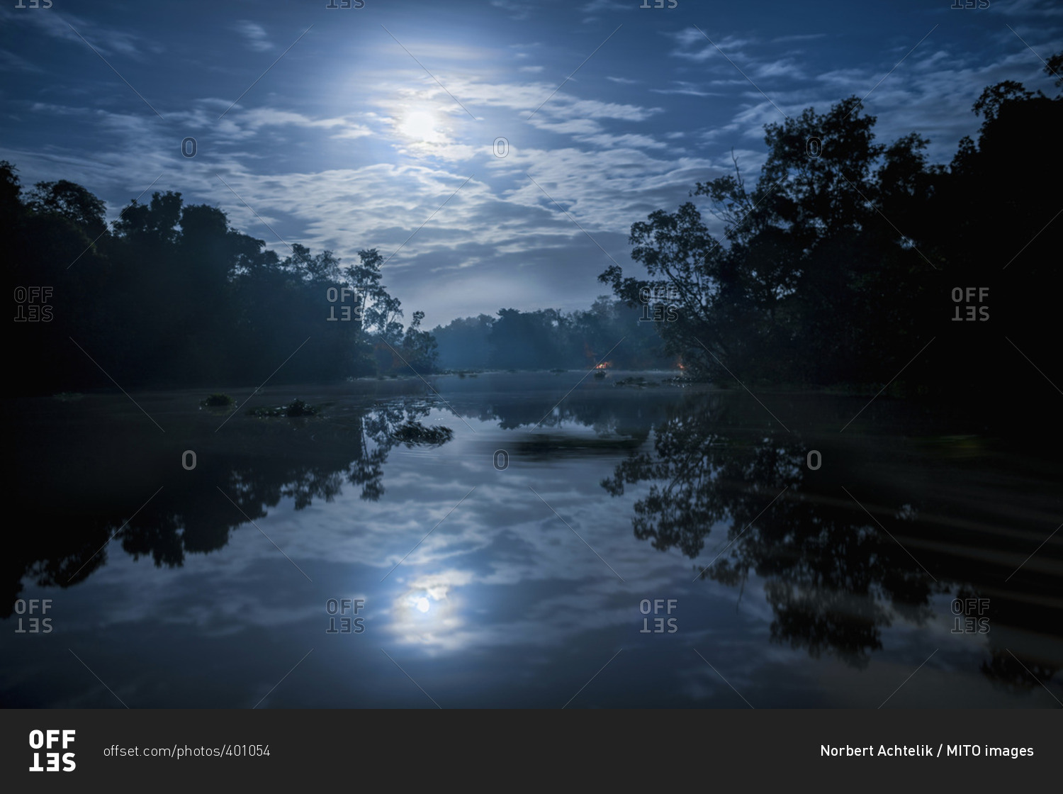 Reflection of moon in river, Orinoco River, Orinoco Delta, Venezuela