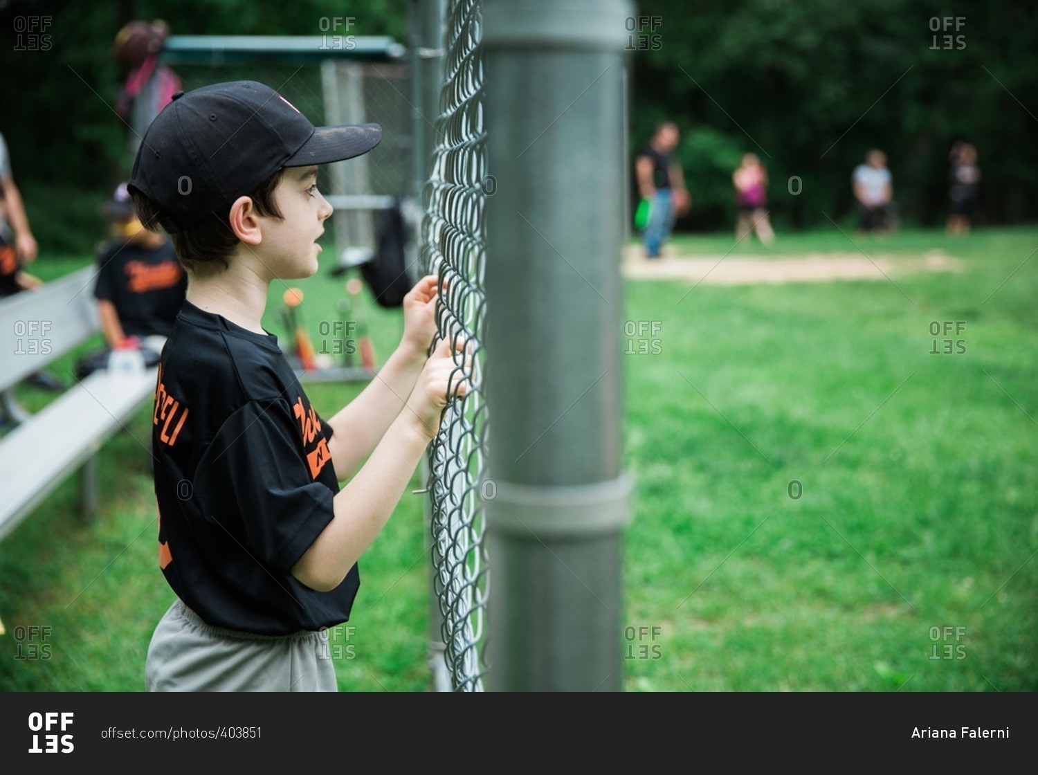 Boy watching baseball game through a chain-link fence