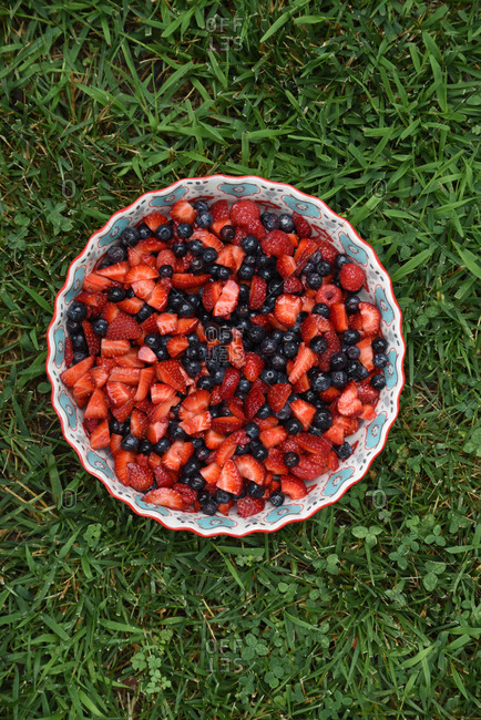 Bowl of mixed berries sitting on a grassy lawn