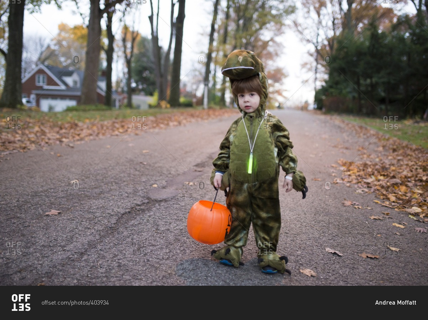 Boy standing on a suburban street wearing a dinosaur Halloween costume