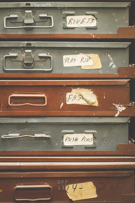 Cabinet With Various Tool Labels Stock Photo Offset