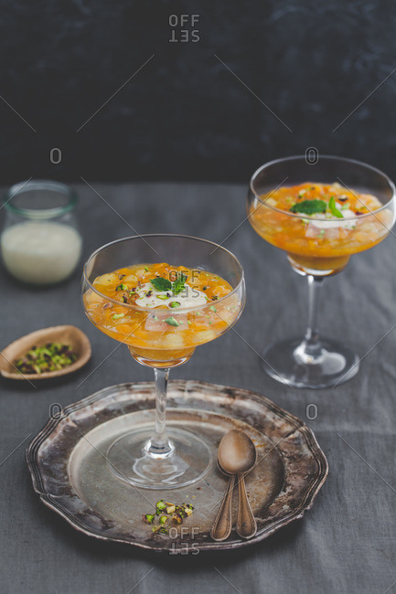 Apricot elderflower jelly served in dessert goblets