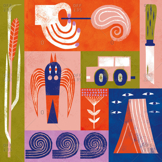 Collage of objects including match, wheat shaft, waves, tent, vehicle and flower