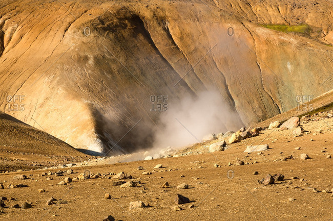 Steam rising in Icelandic geothermal landscape in the remote Kjoslur highlands