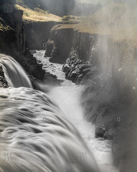 Icelandic waterfall plunging into ravine at Gullfoss