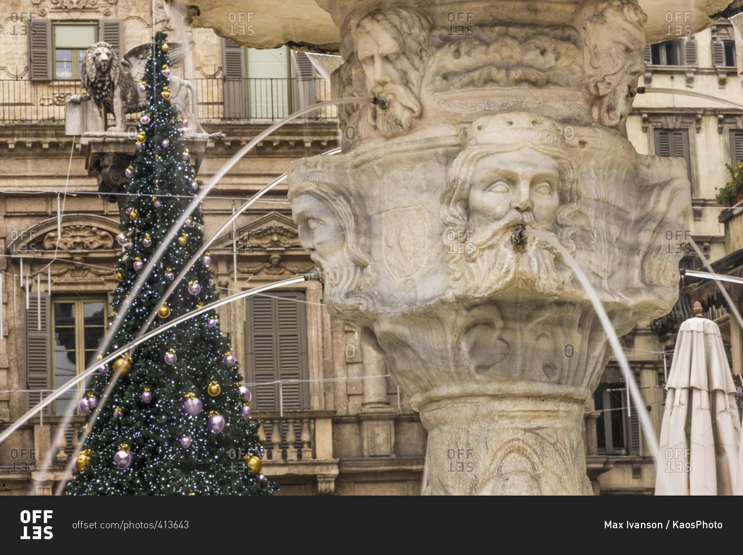 Piazza delle Erbe and detail of the Fontana Madonna Verona and Christmas tree, Verona, Italy