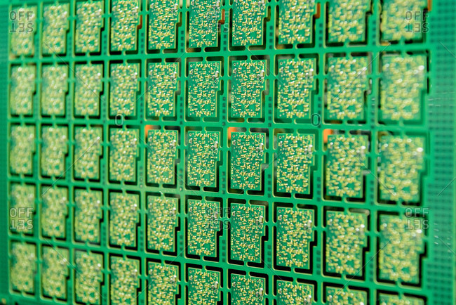 Detail of circuit boards in circuit board assembly factory, close up