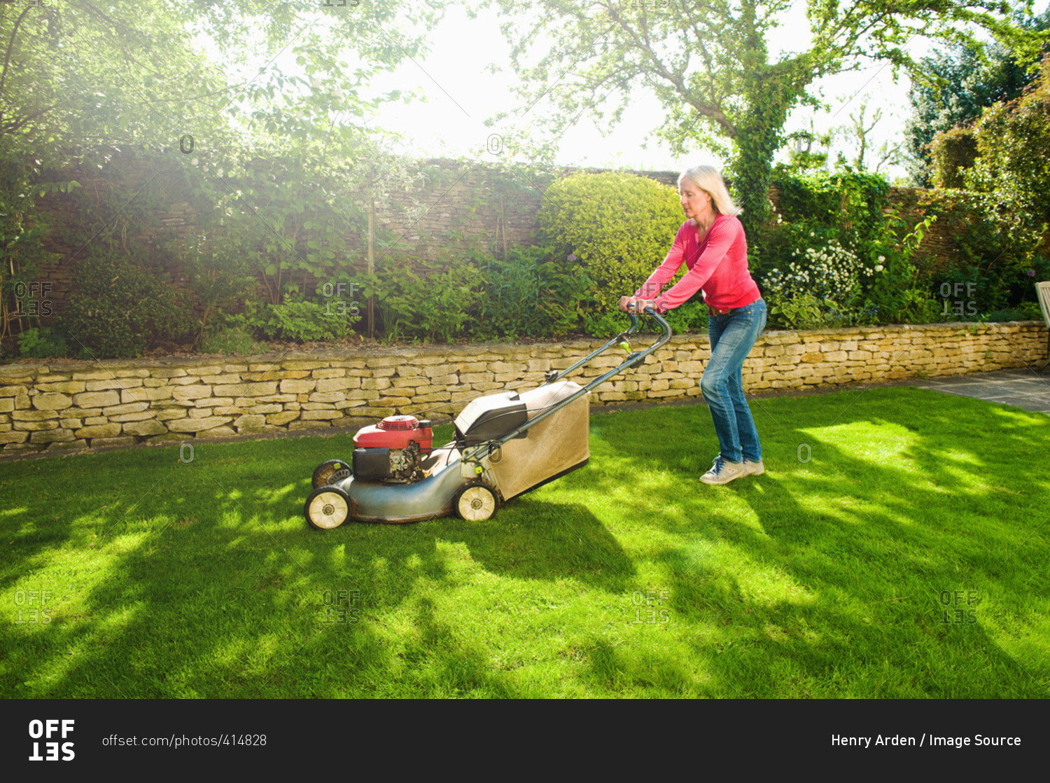 Mature woman mowing sunlit garden lawn with lawn mower