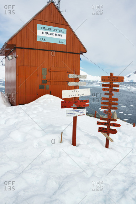 Signposts outside Brown Station along Paradise Harbor in the Antarctic