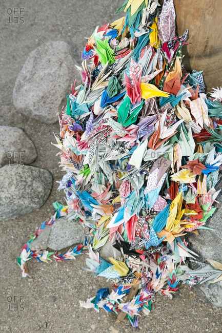 Pile of origami birds at Manzanar in California
